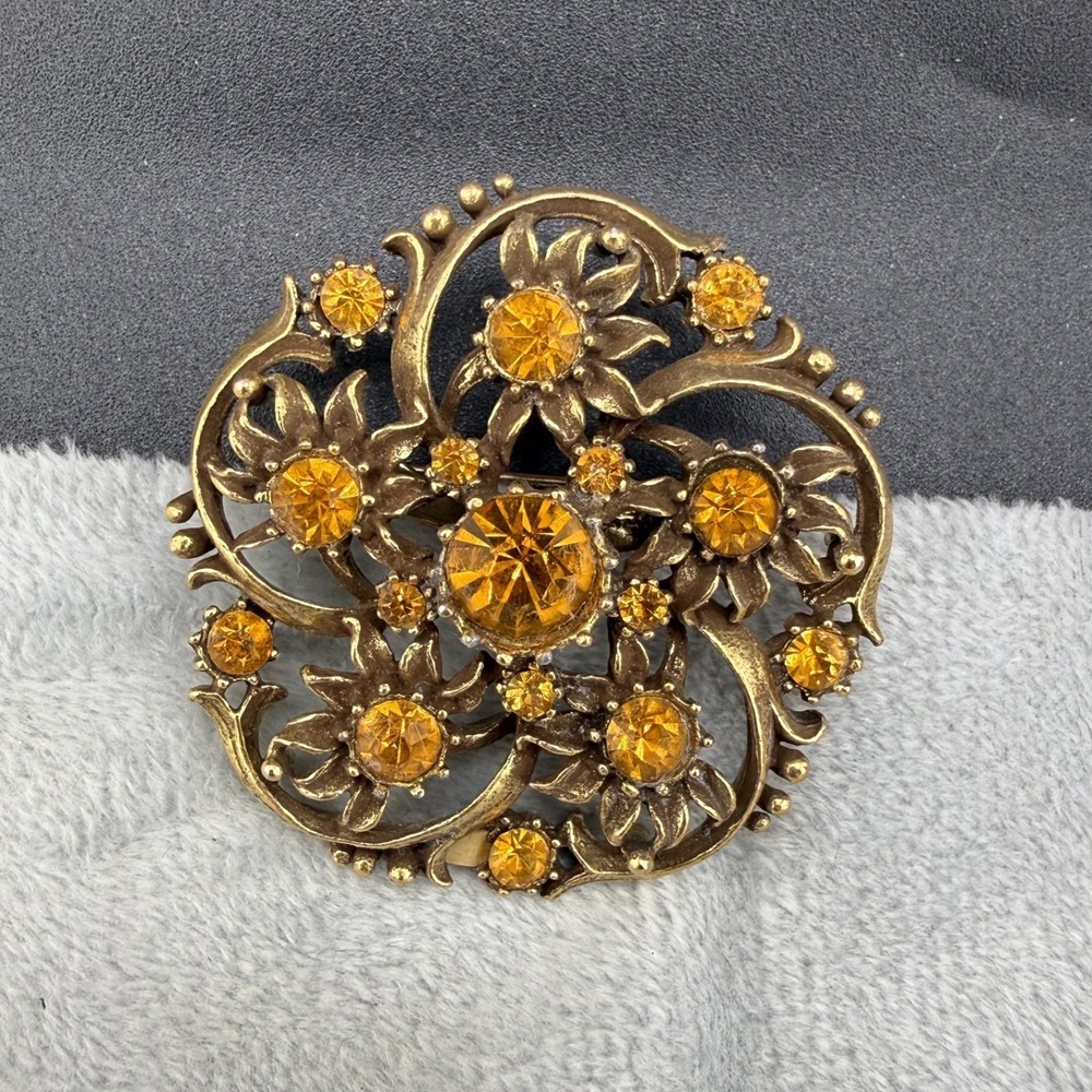Vintage Coro Brooch Flowers Gold Tone Orange Rhinestone Well Made